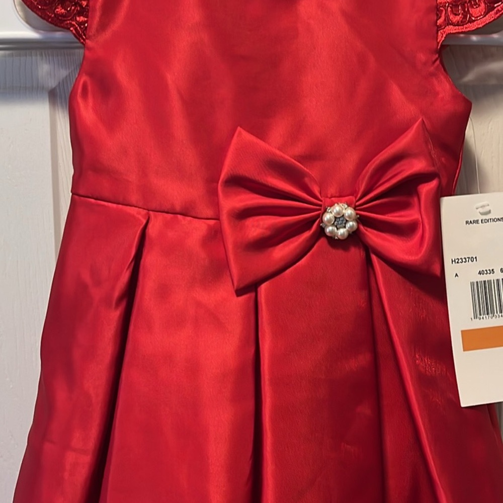 2 Toddler Dresses. Rare Editions Red Satin Dress & Checkered Overall Dress